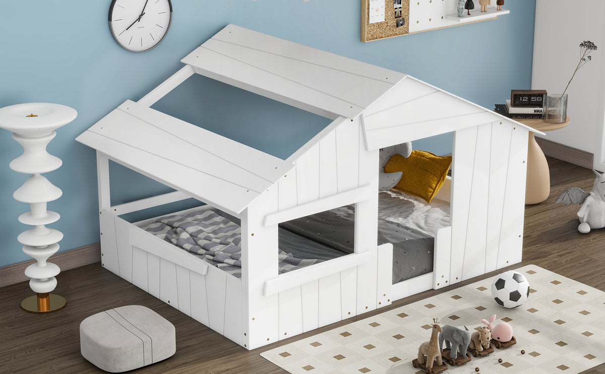 Full Wood Bed with Roof Frame White