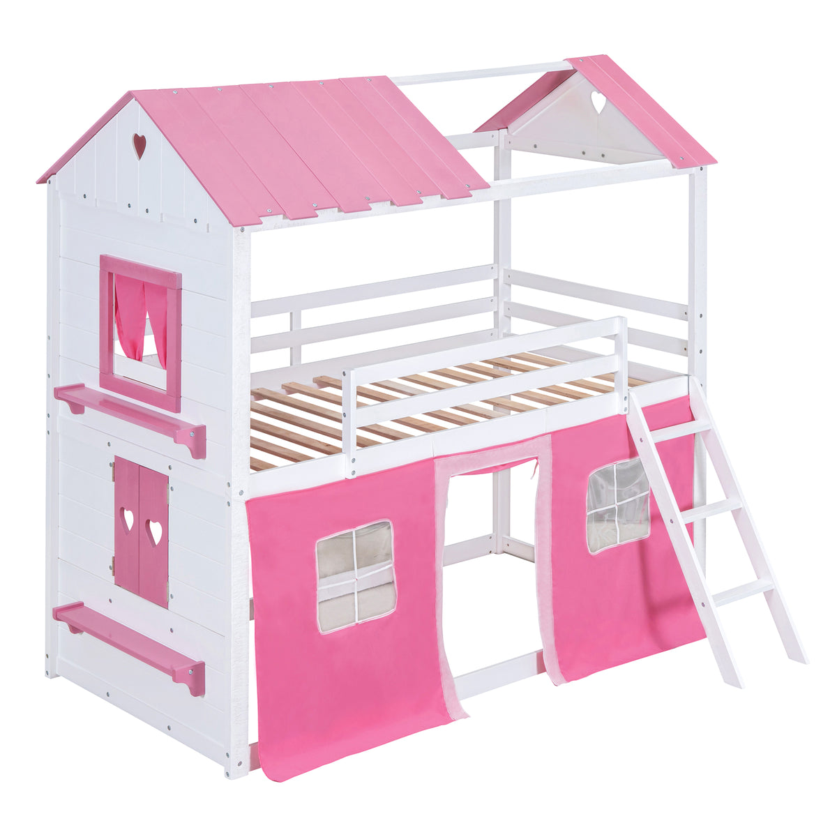 Twin Bunk Bed with Tent Pink White