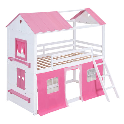 Twin Bunk Bed with Tent Pink White