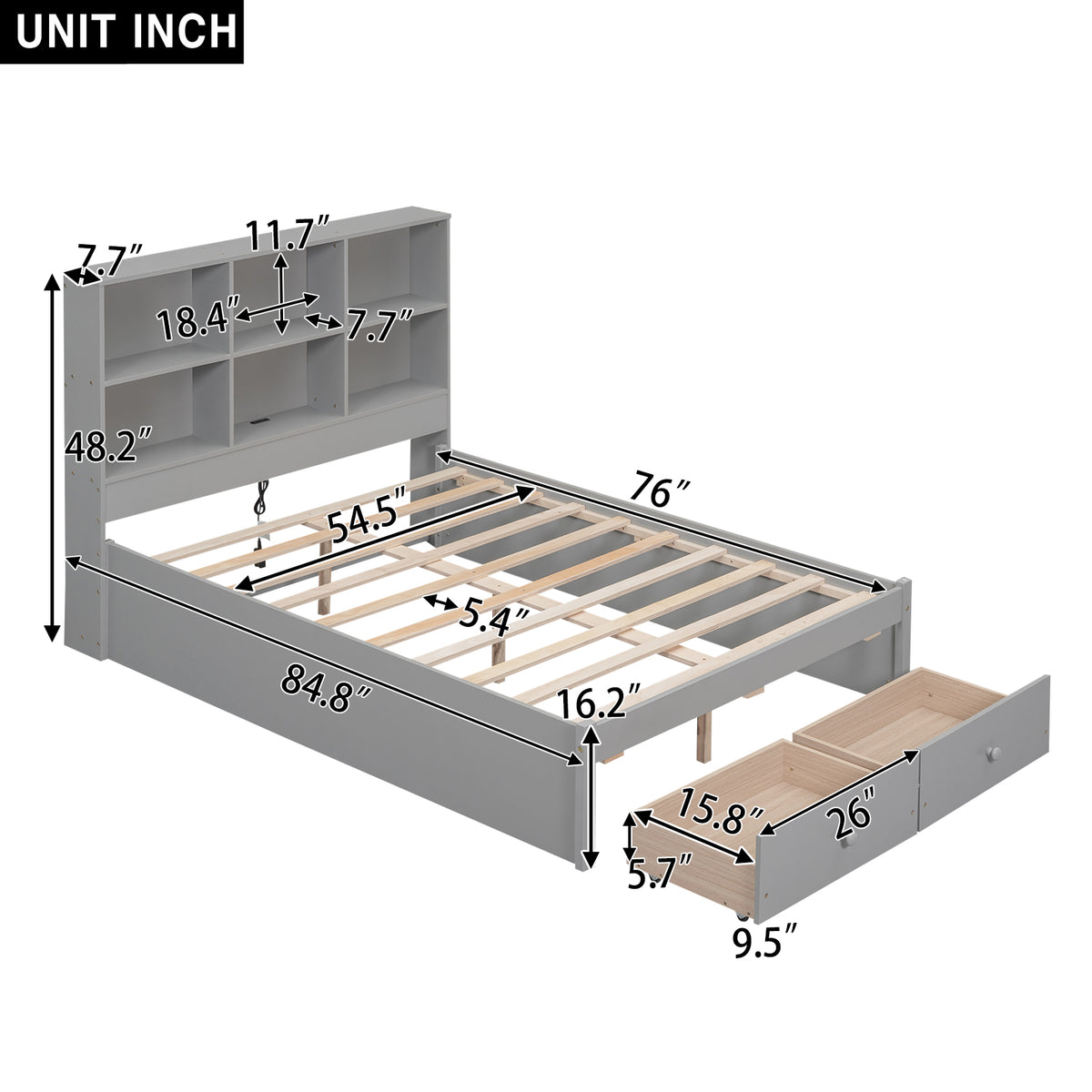 Full Platform Bed with Headboard and Drawers Gray