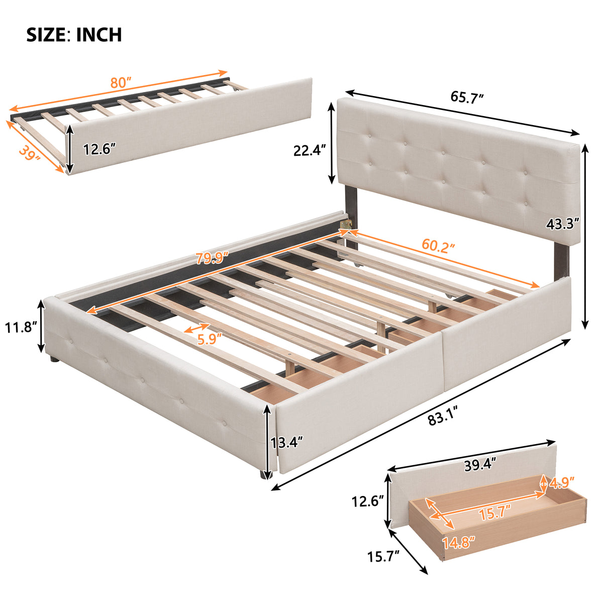 Upholstered Platform Bed Queen Dark Beige