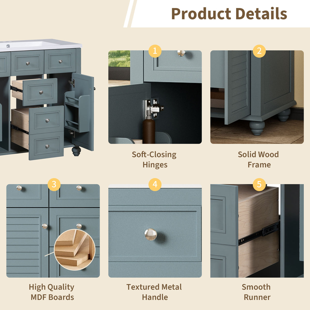 36-Inch Blue Bathroom Vanity with Resin Sink and Drawers