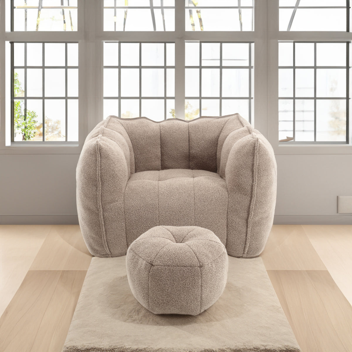 Soft Bean Bag Chair with Footstool Beige