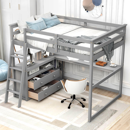 Full Loft Bed with Shelves Gray