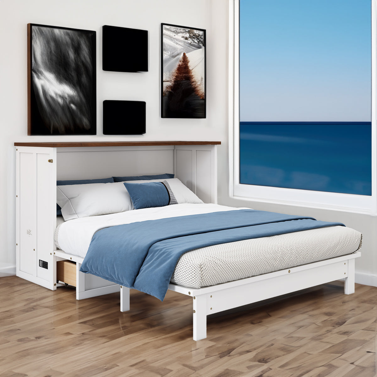 Pine Murphy Bed Queen White Walnut