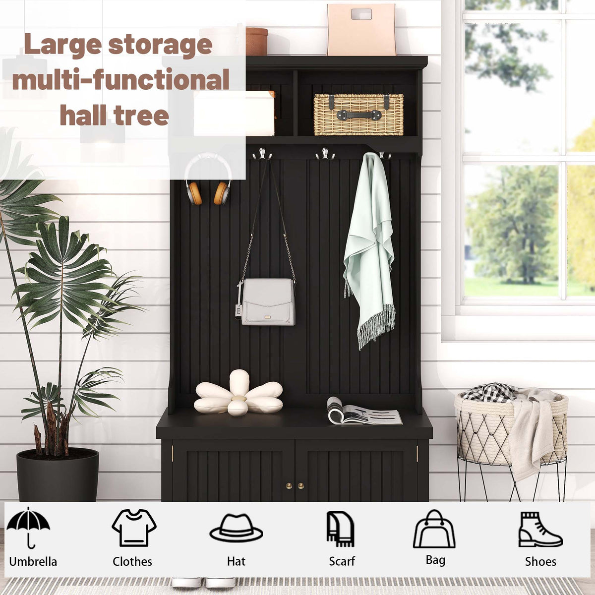 Hall Tree with Drawers and Hooks Black