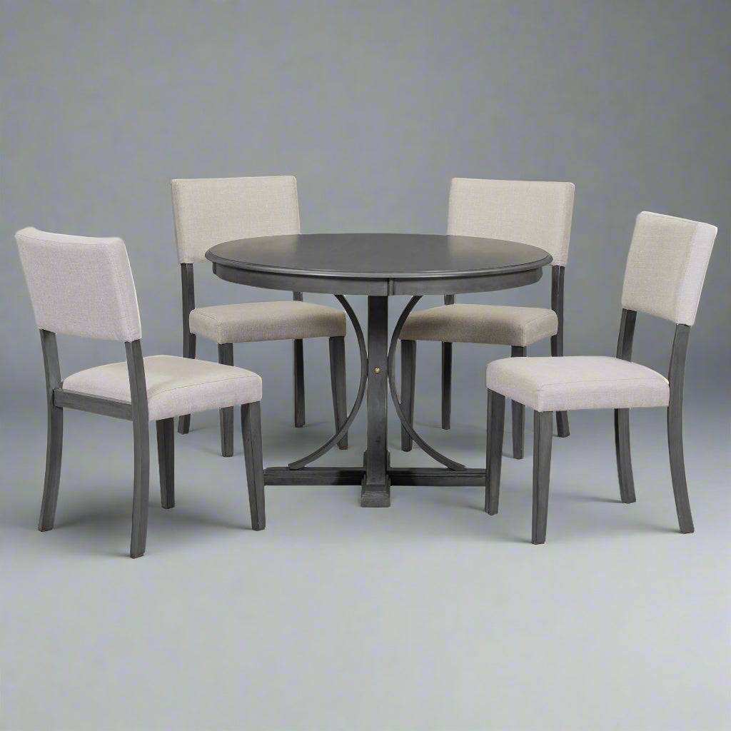 Dark Gray 5-Piece Round Dining Set – Solid Wood Table with Upholstered Chairs