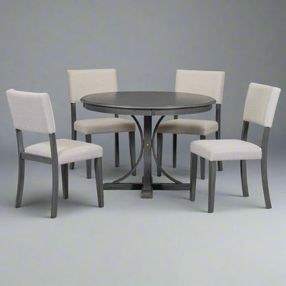 Dark Gray 5-Piece Round Dining Set – Solid Wood Table with Upholstered Chairs