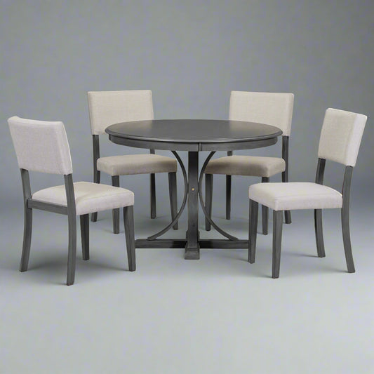 Dark Gray 5-Piece Round Dining Set – Solid Wood Table with Upholstered Chairs
