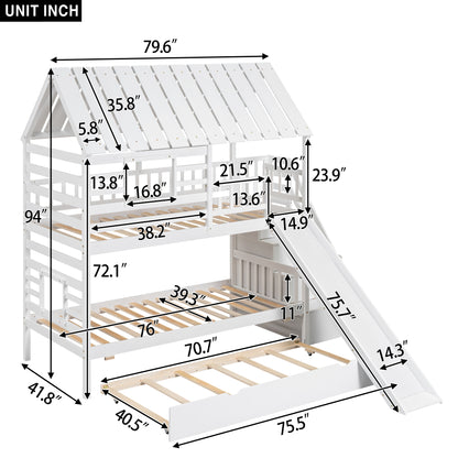 Twin Over Twin Bunk Bed with Roof Staircase White