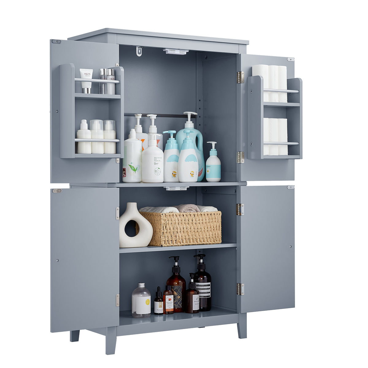 Gray Bathroom Floor Cabinet with Adjustable Shelves