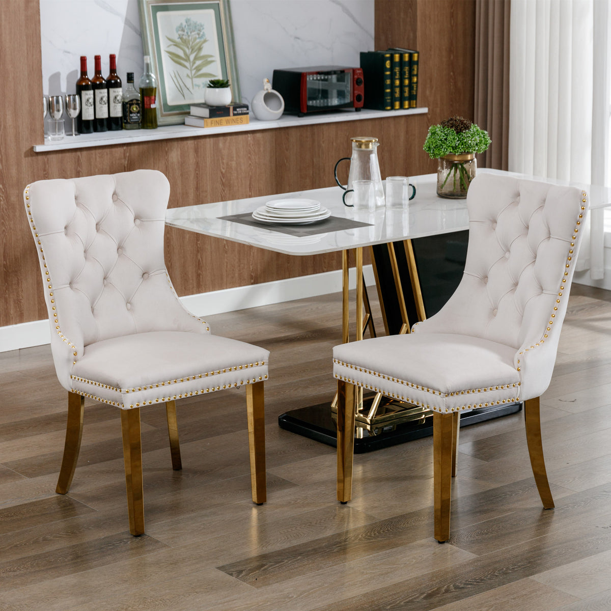 Tufted Dining Chairs Set of 2 Beige & Gold