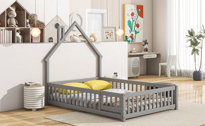 House Frame Bed with Fence Gray