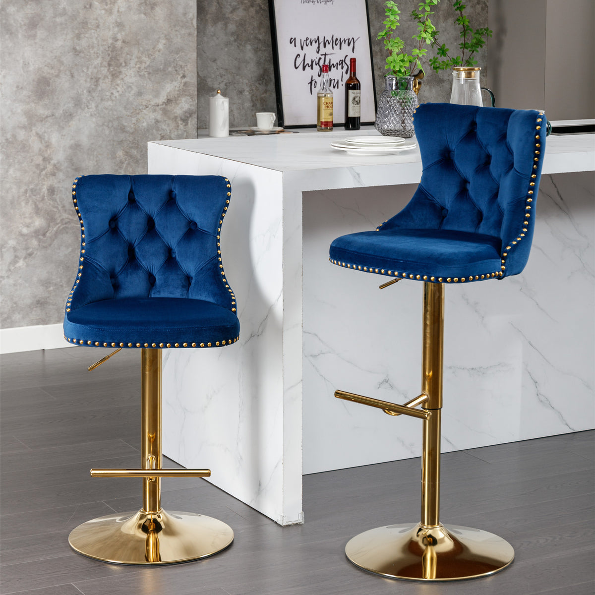 Modern Bar Stools Set of 2 Blue White