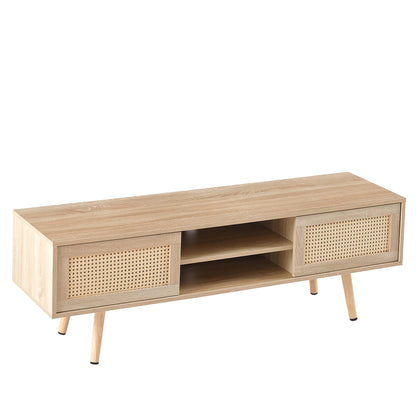 Rattan Wood TV Console – Adjustable Doors, Natural Finish