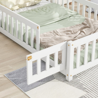 Twin Floor Bed with Fence – White Finish