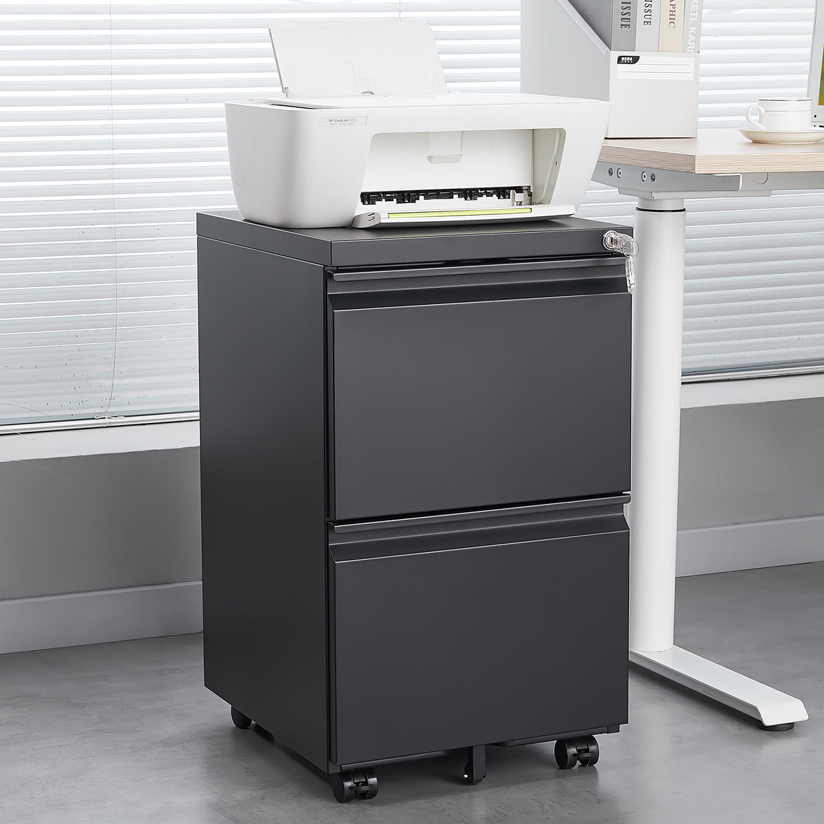 Black 2-Drawer Mobile File Cabinet – 25.6" High with Lock for Legal/Letter Size Files