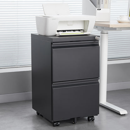 Black 2-Drawer Mobile File Cabinet – 25.6" High with Lock for Legal/Letter Size Files