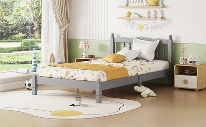 Twin Platform Bed with Slatted Headboard Gray