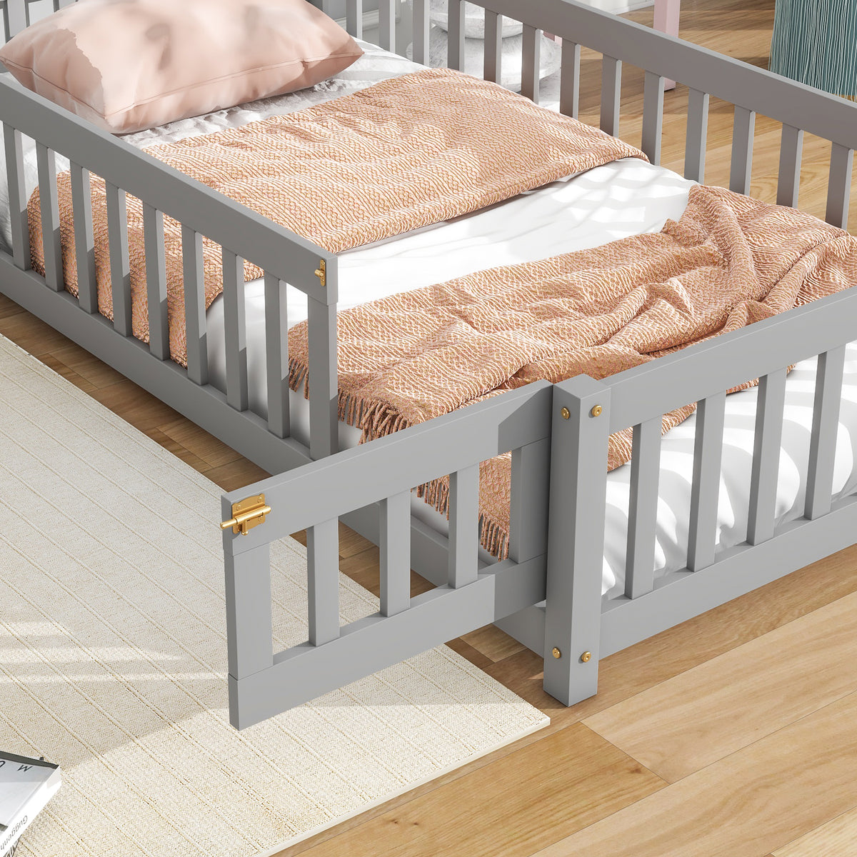 Twin House Bed with Fence Gray