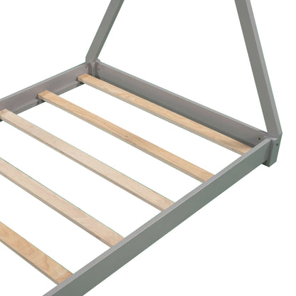 Twin Size Gray House Platform Bed with Triangle Roof