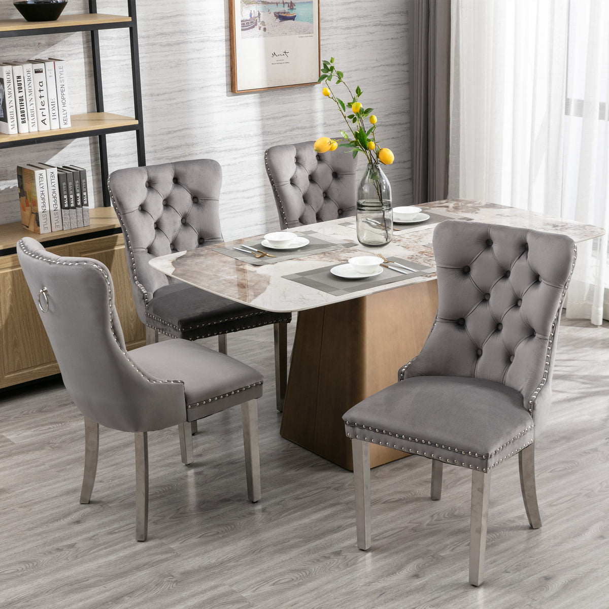 Tufted Velvet Dining Chair Set (2 pcs) – Gray Chrome Base