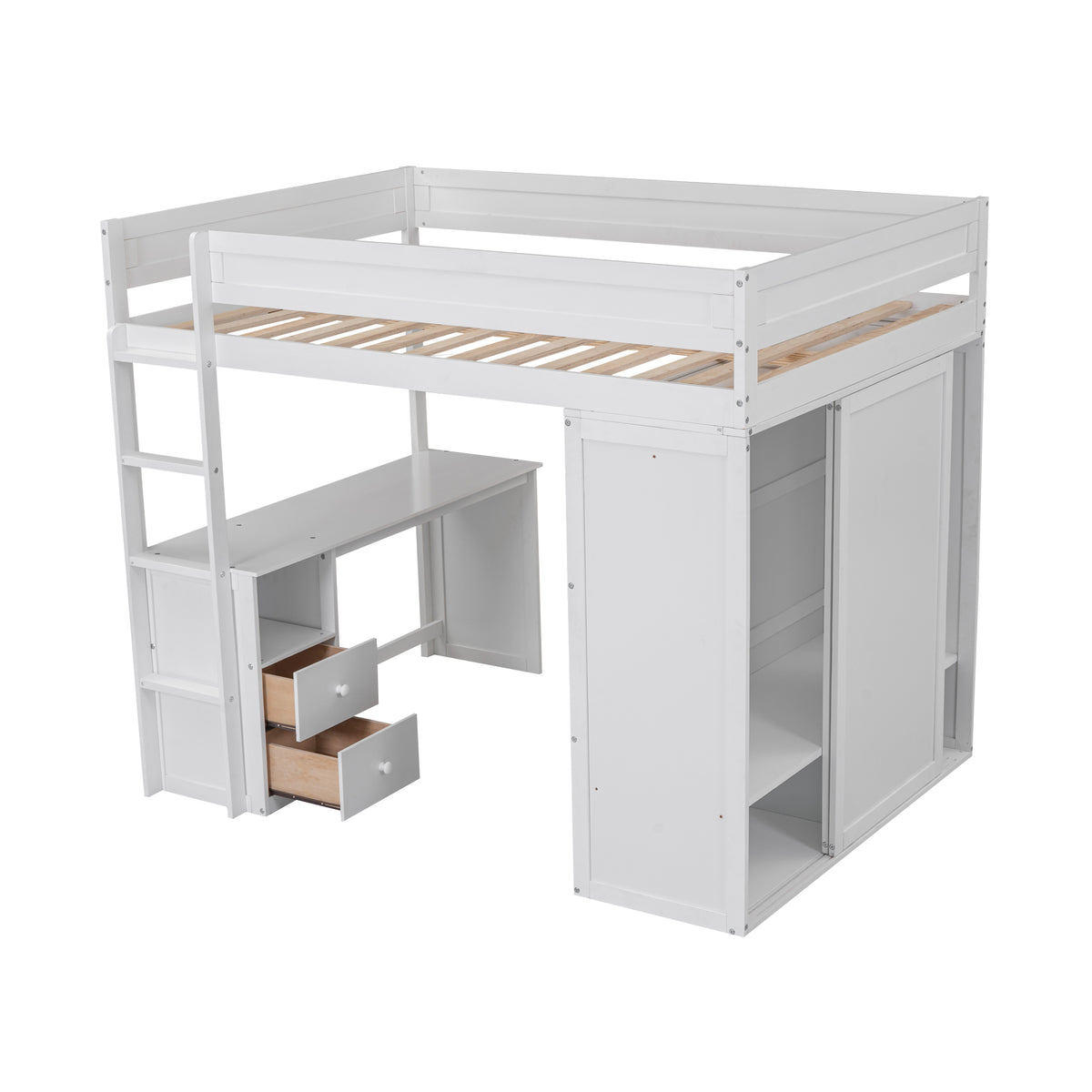 Full-Size Loft Bed with Wardrobe and Drawers White