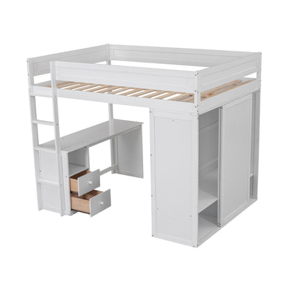 Full-Size Loft Bed with Wardrobe and Drawers White