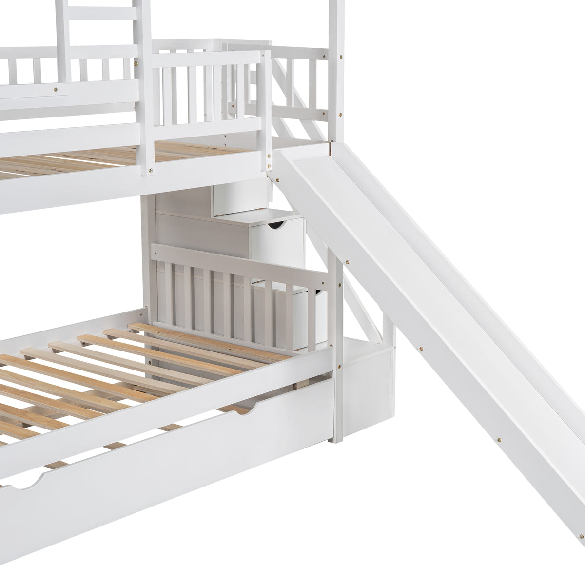 Twin Over Twin Bunk Bed with Roof Staircase White