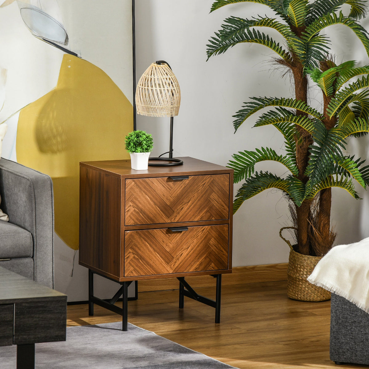 Erik Nightstand with 2 Drawers and Steel Legs-Walnut Brown