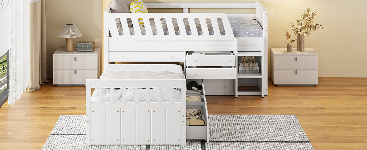 L-Shaped Twin Loft Bed with Storage White