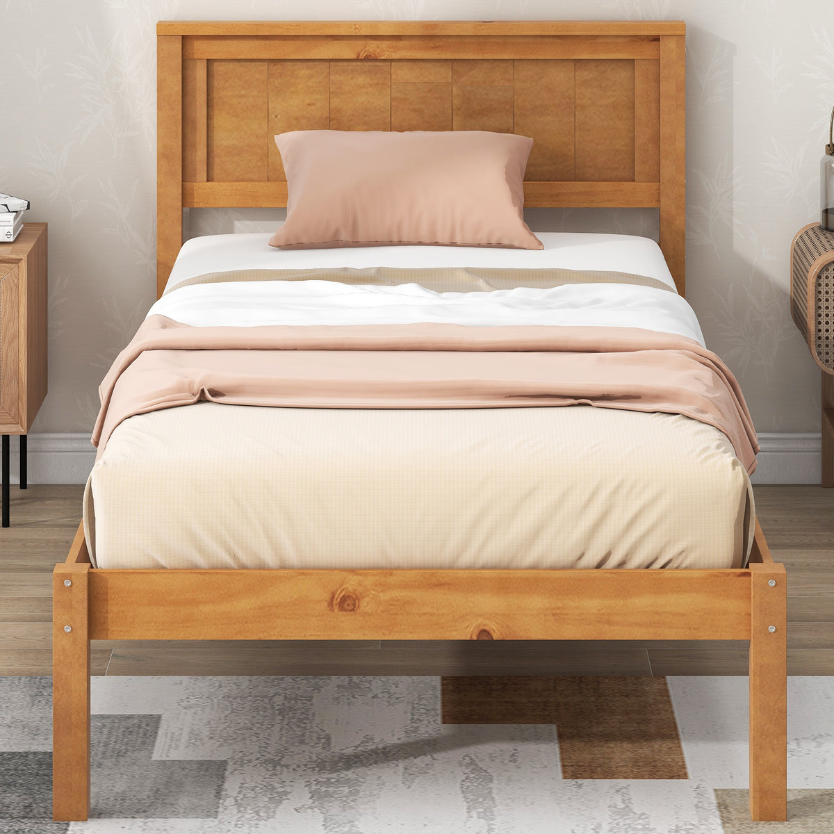 Twin Platform Bed with Headboard Oak
