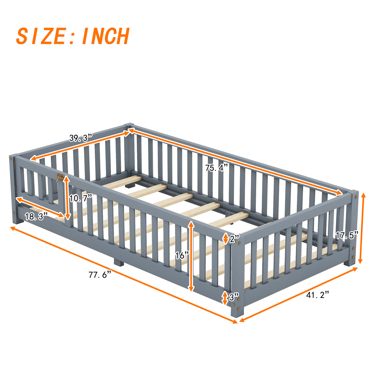 Twin Kids Bed Frame with Safety Rails – Gray