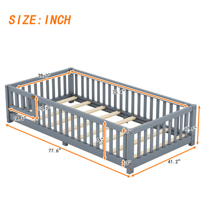 Twin Kids Bed Frame with Safety Rails – Gray