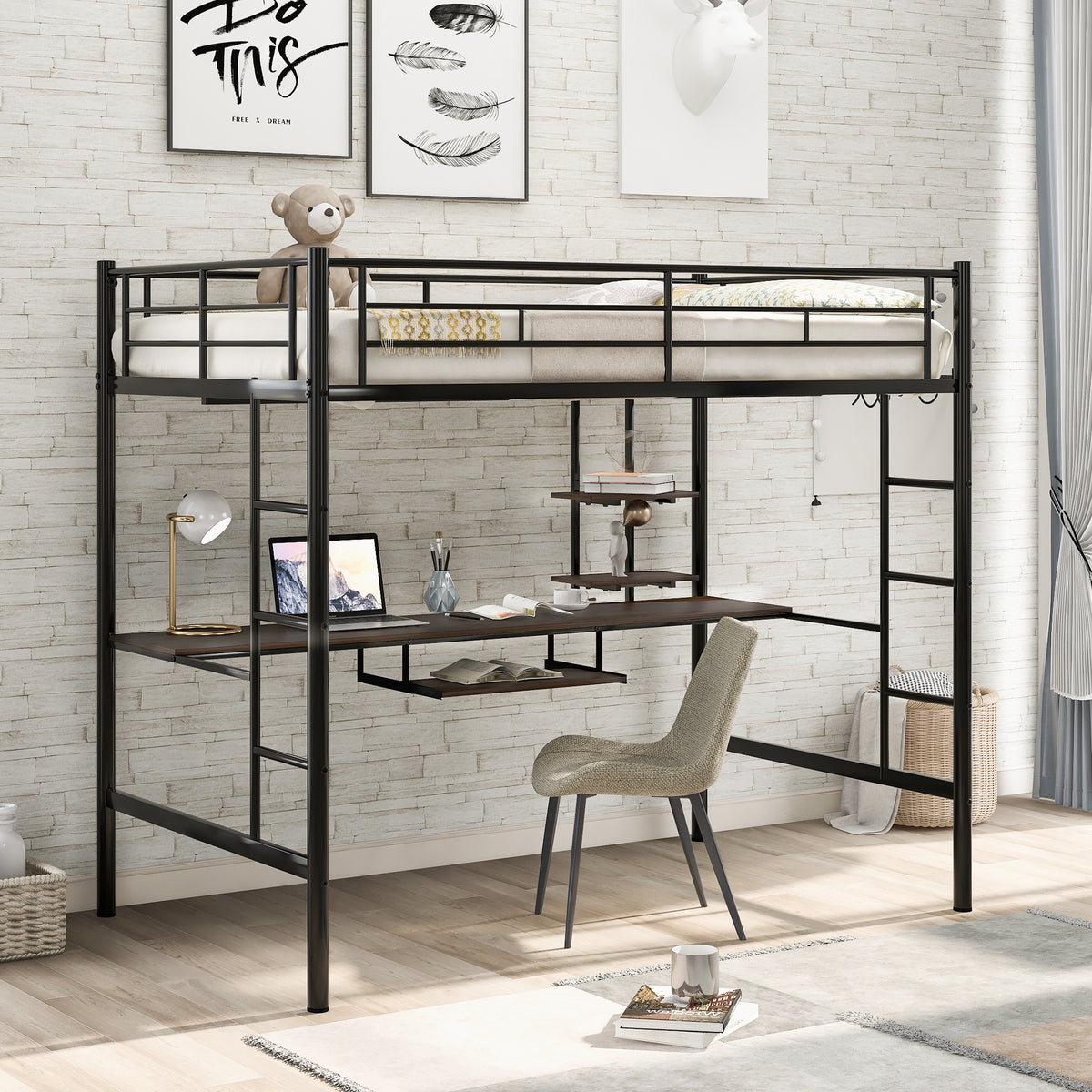 Loft Bed with Desk and Shelf Black