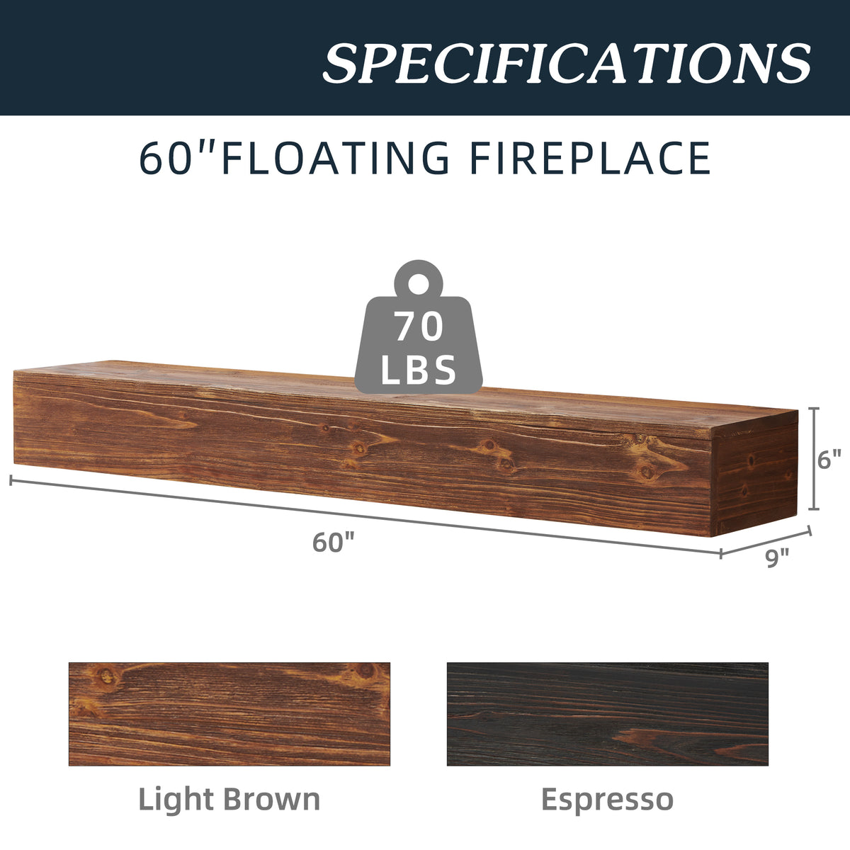 60-Inch Rustic Wood Floating Fireplace Mantel Decor