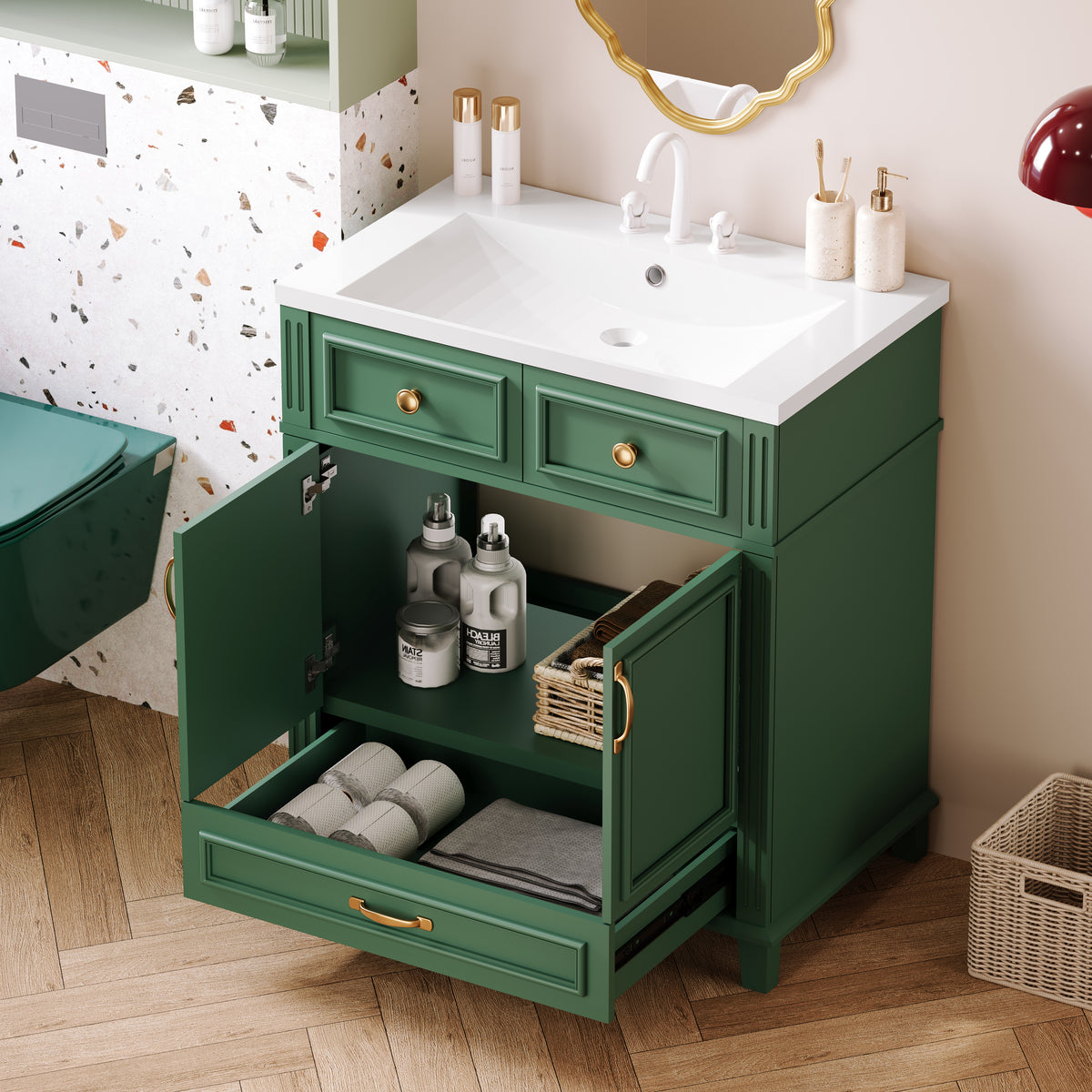 30-Inch Solid Wood Bathroom Vanity with Sink Green