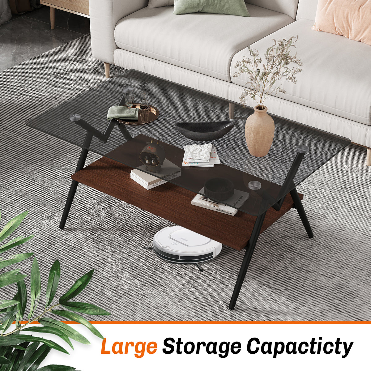 Rectangular Glass Coffee Table – Grey Wood Base