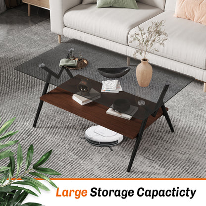 Rectangular Glass Coffee Table – Grey Wood Base