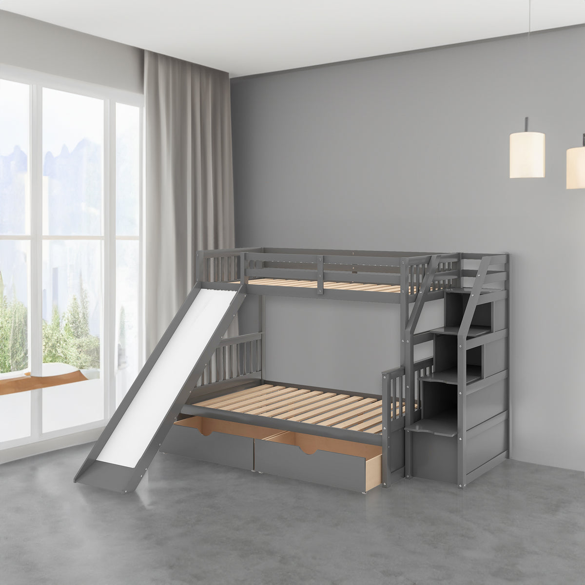 Full Bunk Bed with Drawers Gray