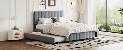 Velvet Upholstered Queen Platform Bed with Trundle Gray
