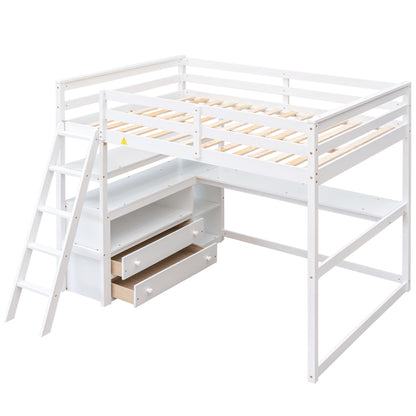 Full Loft Bed with Desk and Drawers White