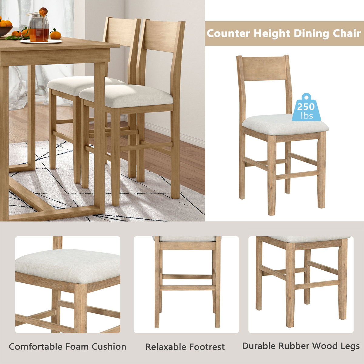 Farmhouse Counter Dining Set (5 pcs) – Brown & Beige