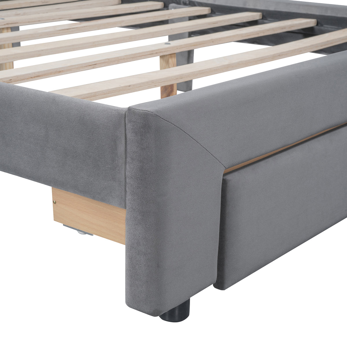 Velvet Platform Bed with Storage Drawer Gray