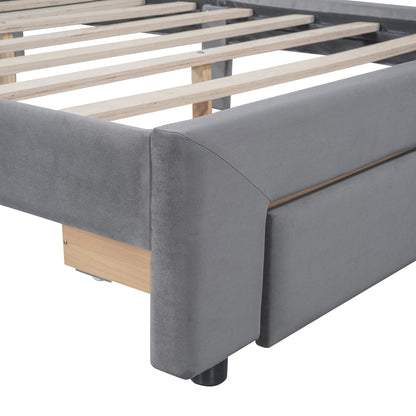Velvet Platform Bed with Storage Drawer Gray