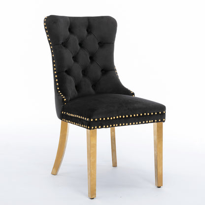 Velvet Dining Chair Set (2 pcs) – Black & Gold Trim