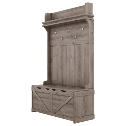 Oak Hall Tree with Hooks, Shelves, and Storage Bench