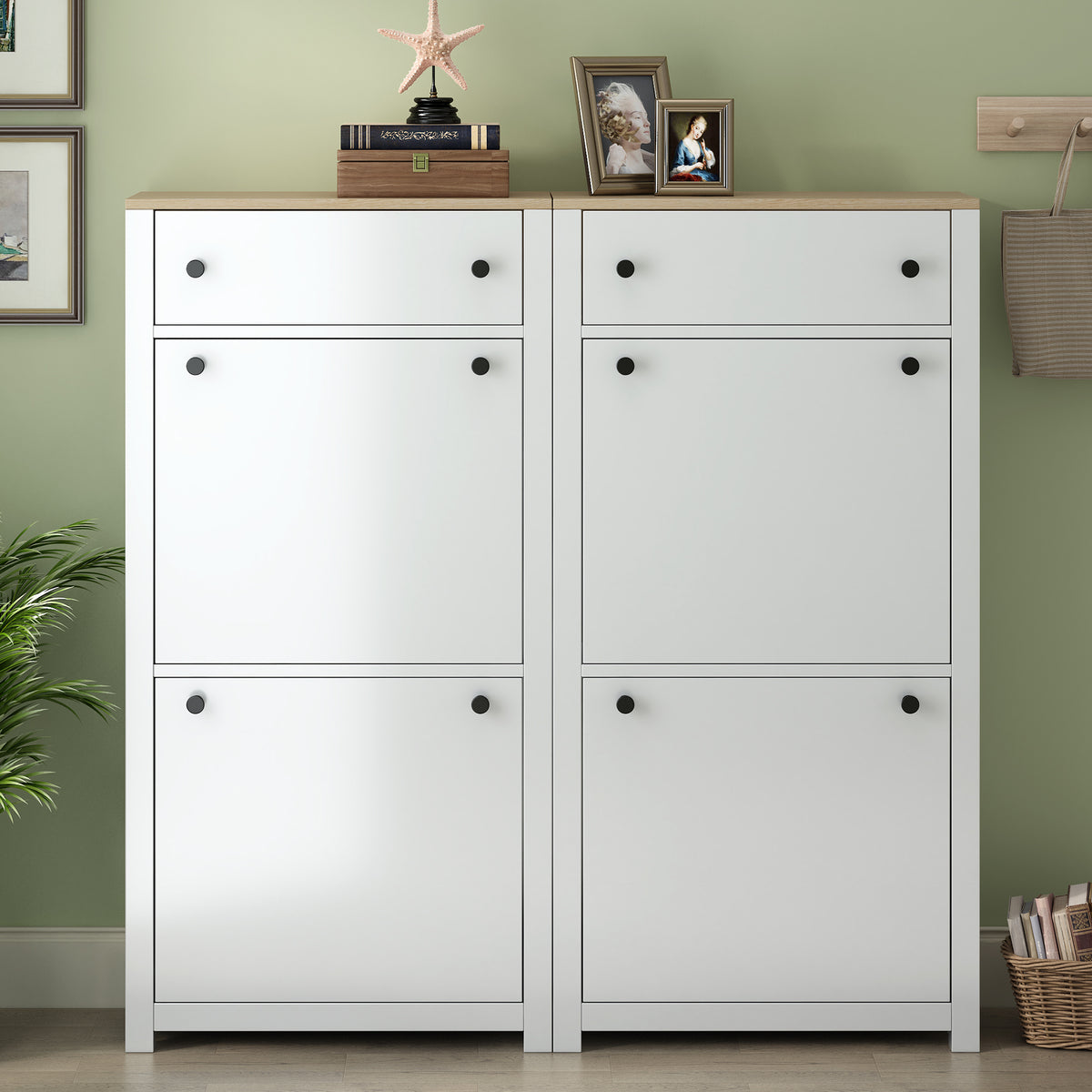 Ultra-Slim White Shoe Cabinet with Flip Drawers