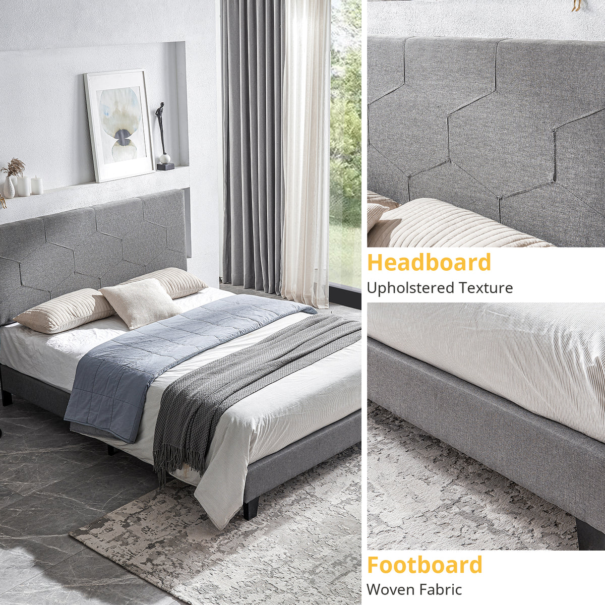 Queen Upholstered Platform Bed – Grey Upholstery