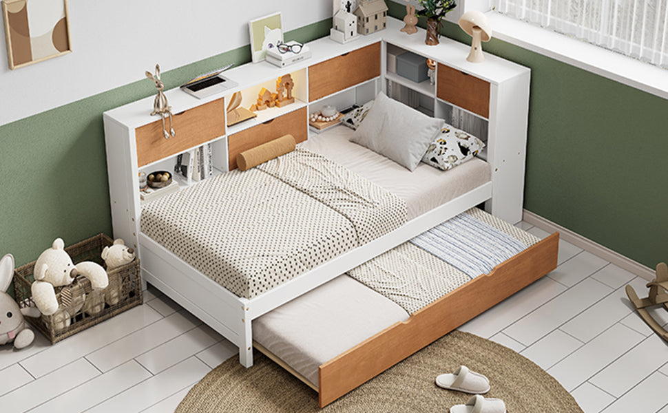L-Shaped Captain’s Bed with LED Lights Walnut